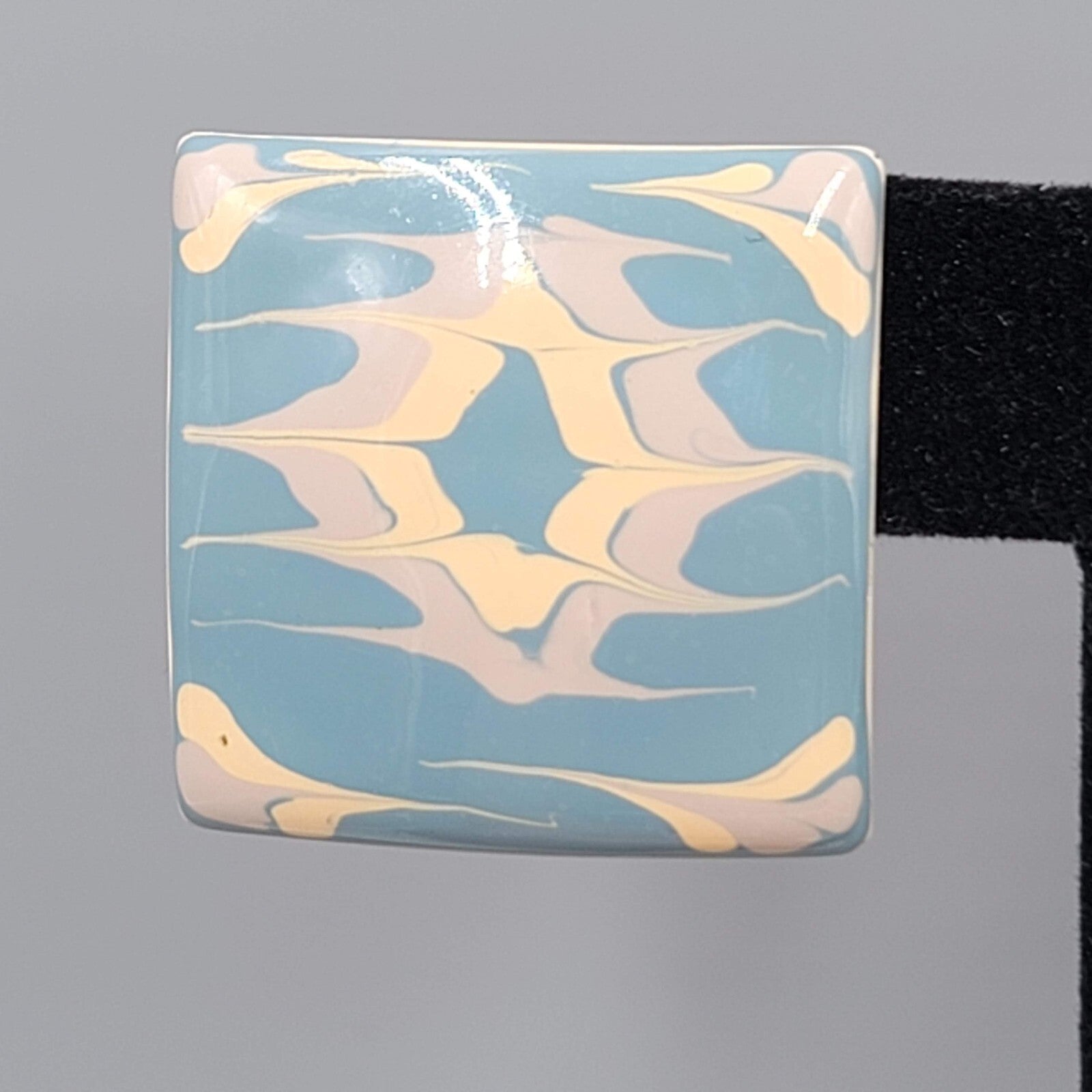 Vintage Pierced EarringsTan Blue Enamel over Metal Square Drop  1 1/8"