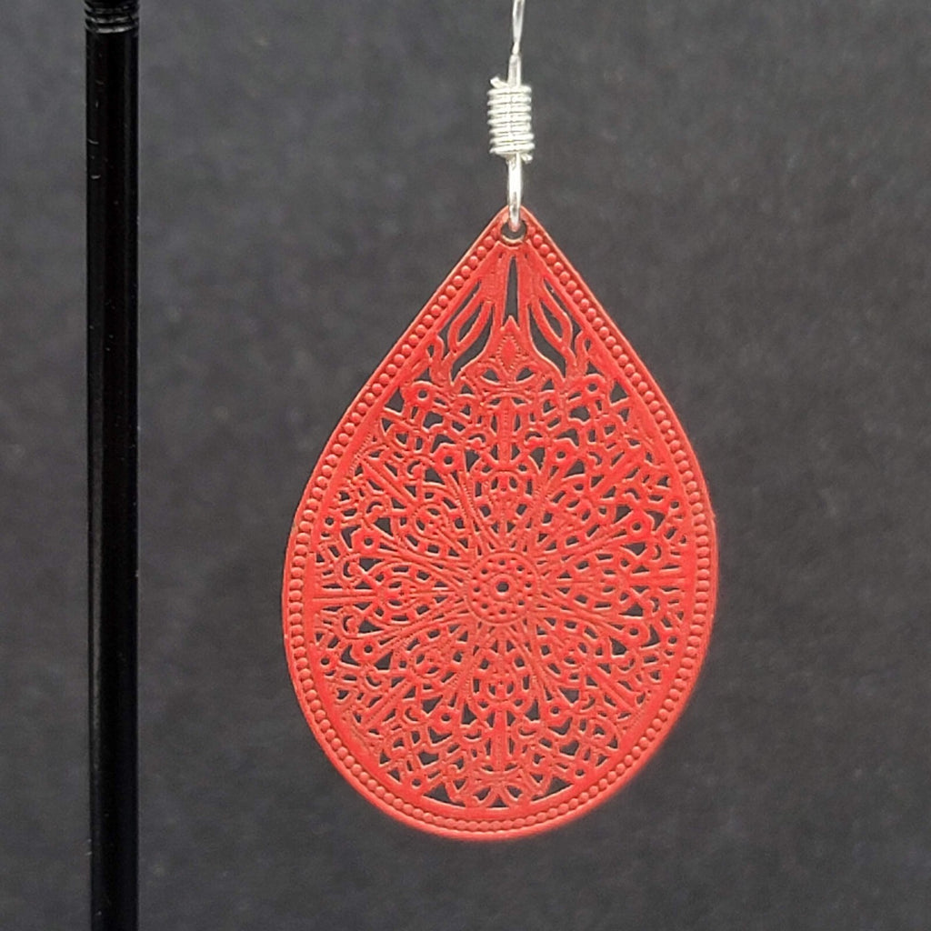 Pierced Earrings Silver tone Red Enamel Open Work Laser cut Teardrop 1 3/8"