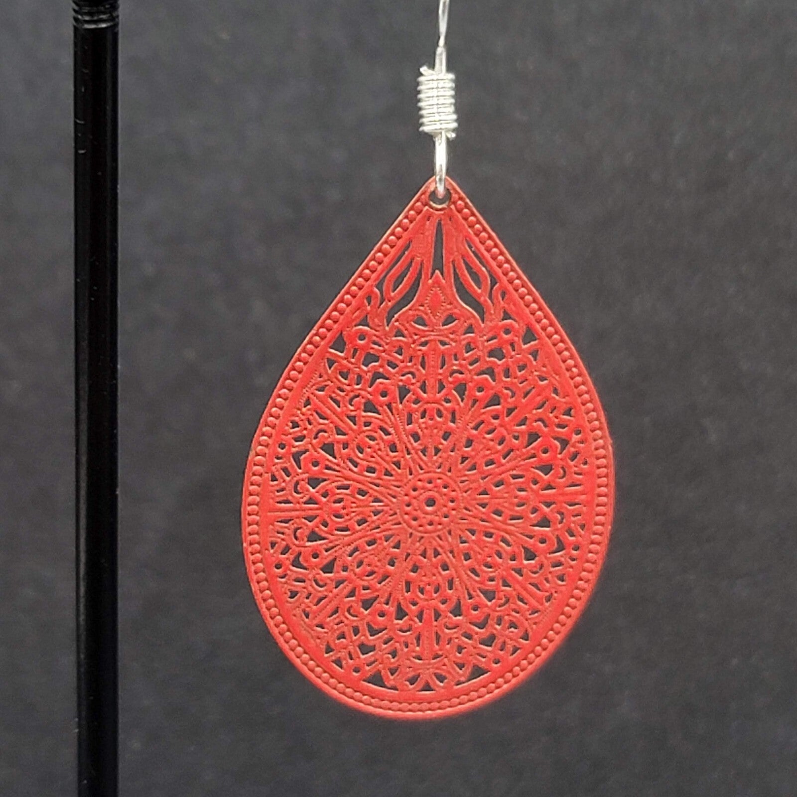 Pierced Earrings Silver tone Red Enamel Open Work Laser cut Teardrop 1 3/8"