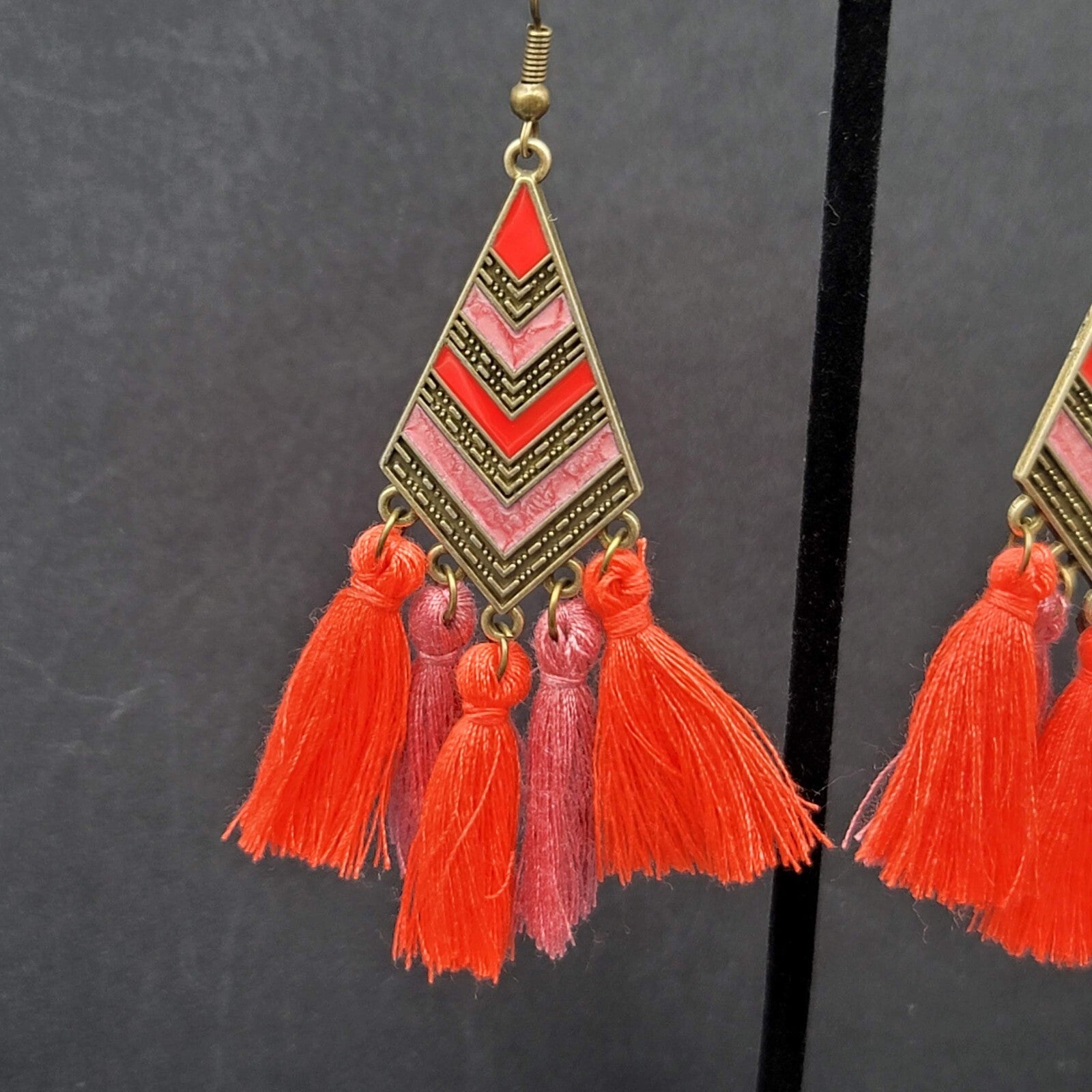 New Boho Pierced Earrings Antiqued Gold tone Enamel Orange Purple Tassel 3"