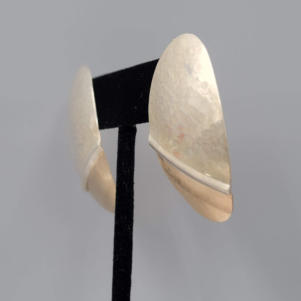 Pierced Earrings Hammered Silver and Gold tones Oval Drop Gold Filled Posts 1.5"