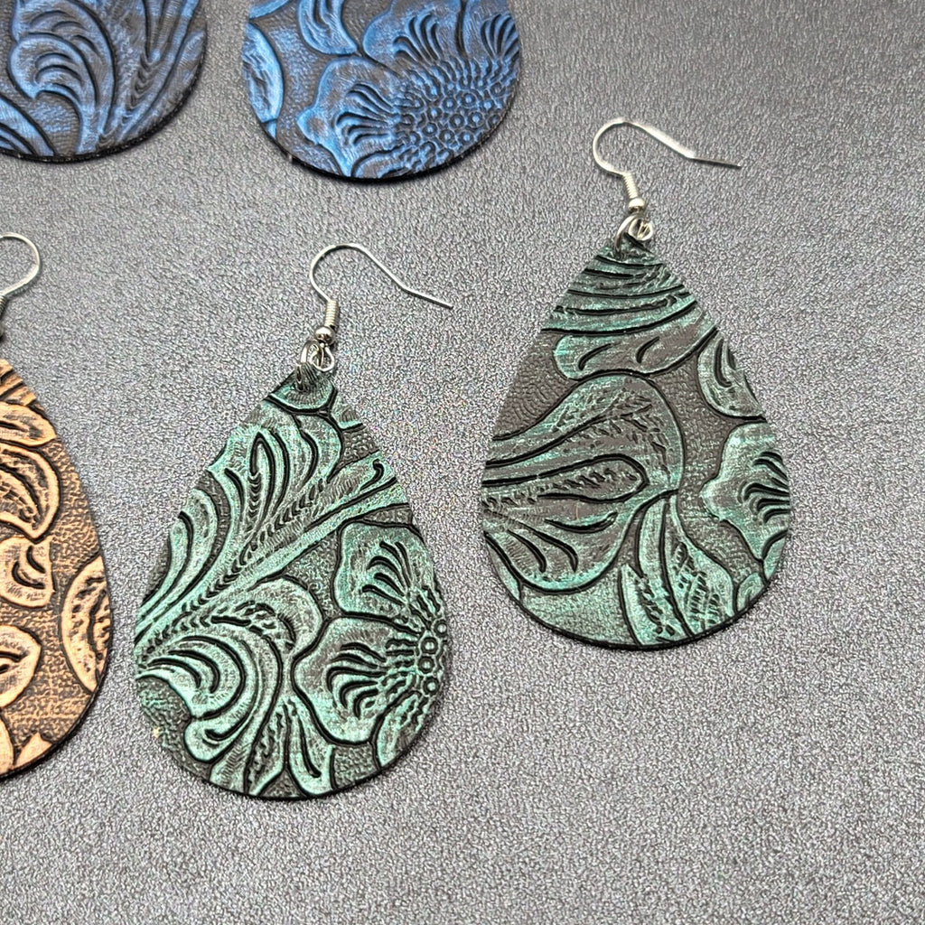 Lot of 3 Pierced Earrings Faux Tooled Leather Gold Green Blue 2.25"