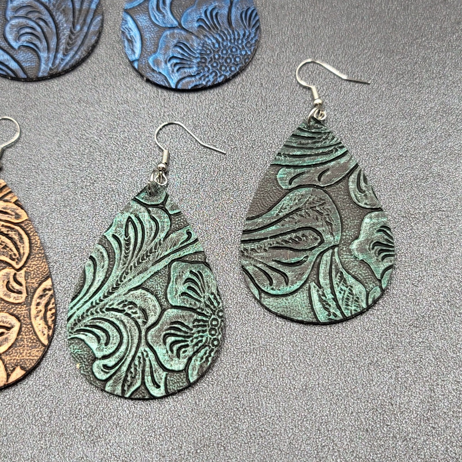 Lot of 3 Pierced Earrings Faux Tooled Leather Gold Green Blue 2.25"