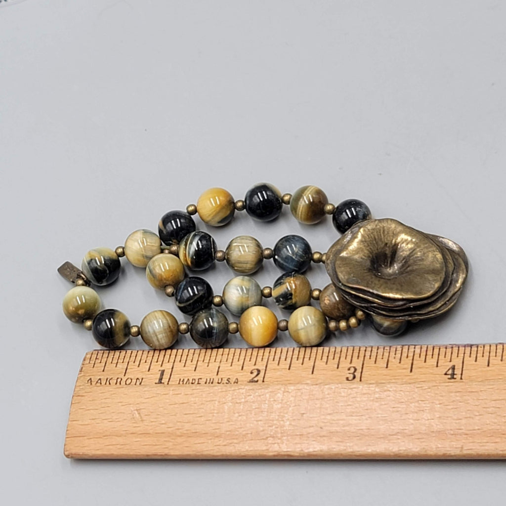Agate Stone Bead Double Strand Bracelet Bronze tone Signed Elastic