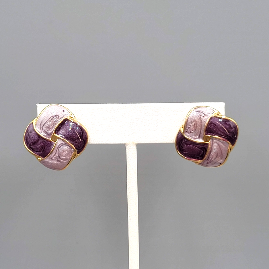Vintage Purple Enamel Pierced Earrings Square Knot Drop 7/8"