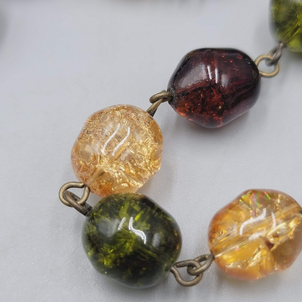 Monet Necklace Glass Bead Bronze tone Red Yellow Green 26"-28"