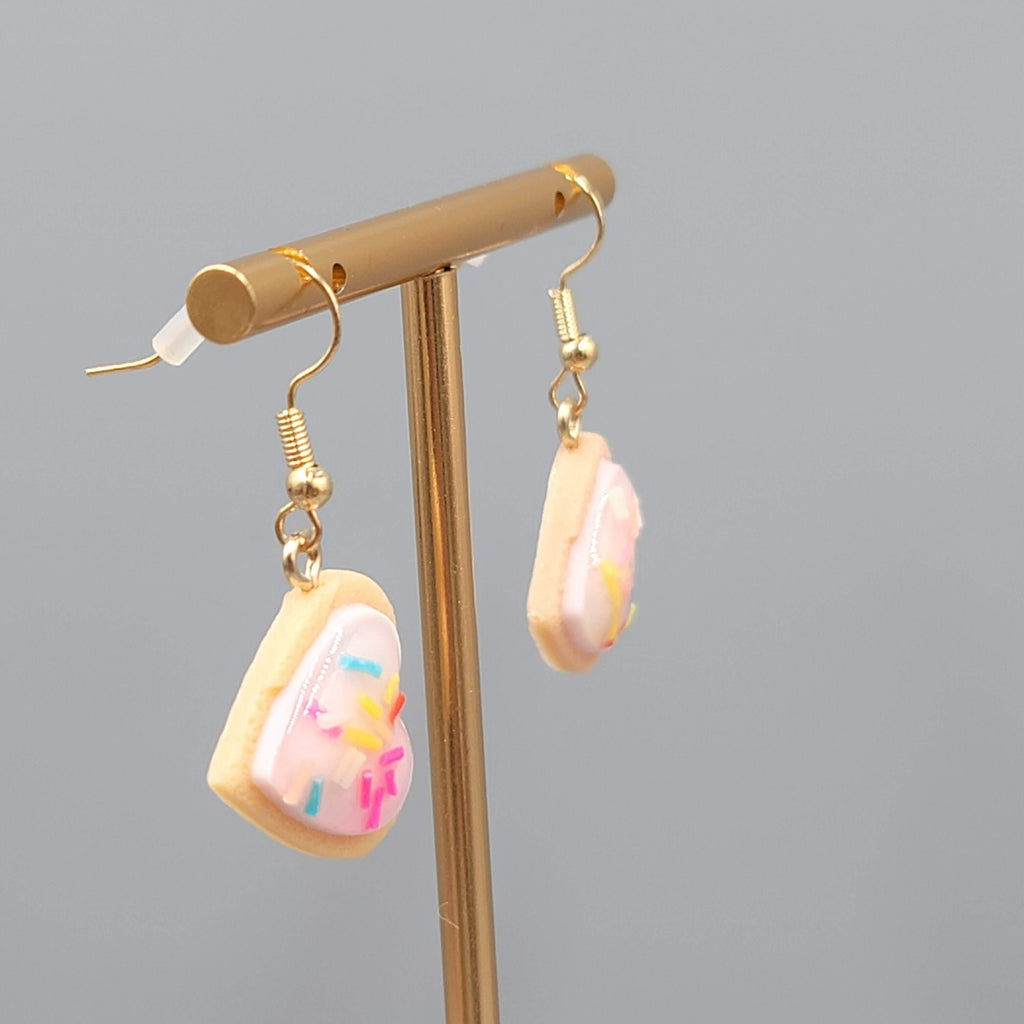 Heart Cookie Dangle Pierced Earrings Pink Frosting Sprinkles Gold tone Hook 7/8"