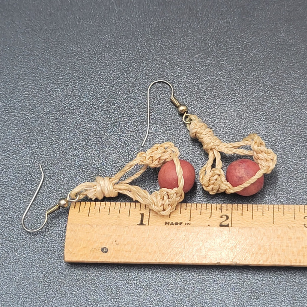 Boho Pierced Earrings Twine Knotted Wood Bead Dangle 1.5"