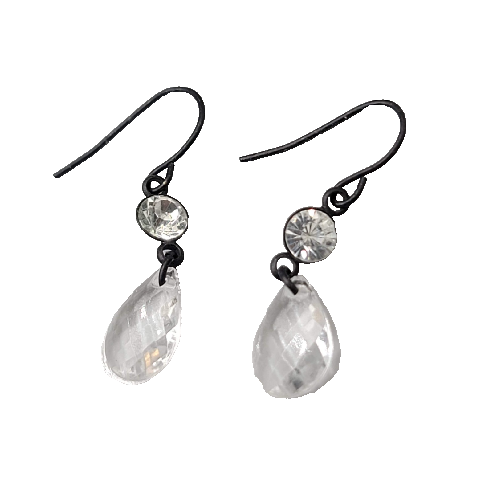 Clear Acrylic Teardrop Pierced Earrings Black Enamel over Metal Dangle 1 in