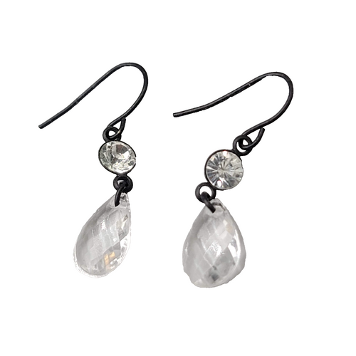 Clear Acrylic Teardrop Pierced Earrings Black Enamel over Metal Dangle 1 in