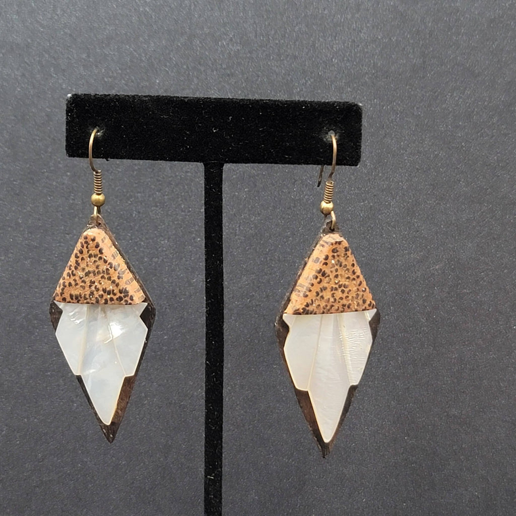 Vintage Pierced Earrings Wood Mother of Pearl Unique Hand Carved Dangle 2 1/8"