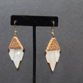 Vintage Pierced Earrings Wood Mother of Pearl Unique Hand Carved Dangle 2 1/8"