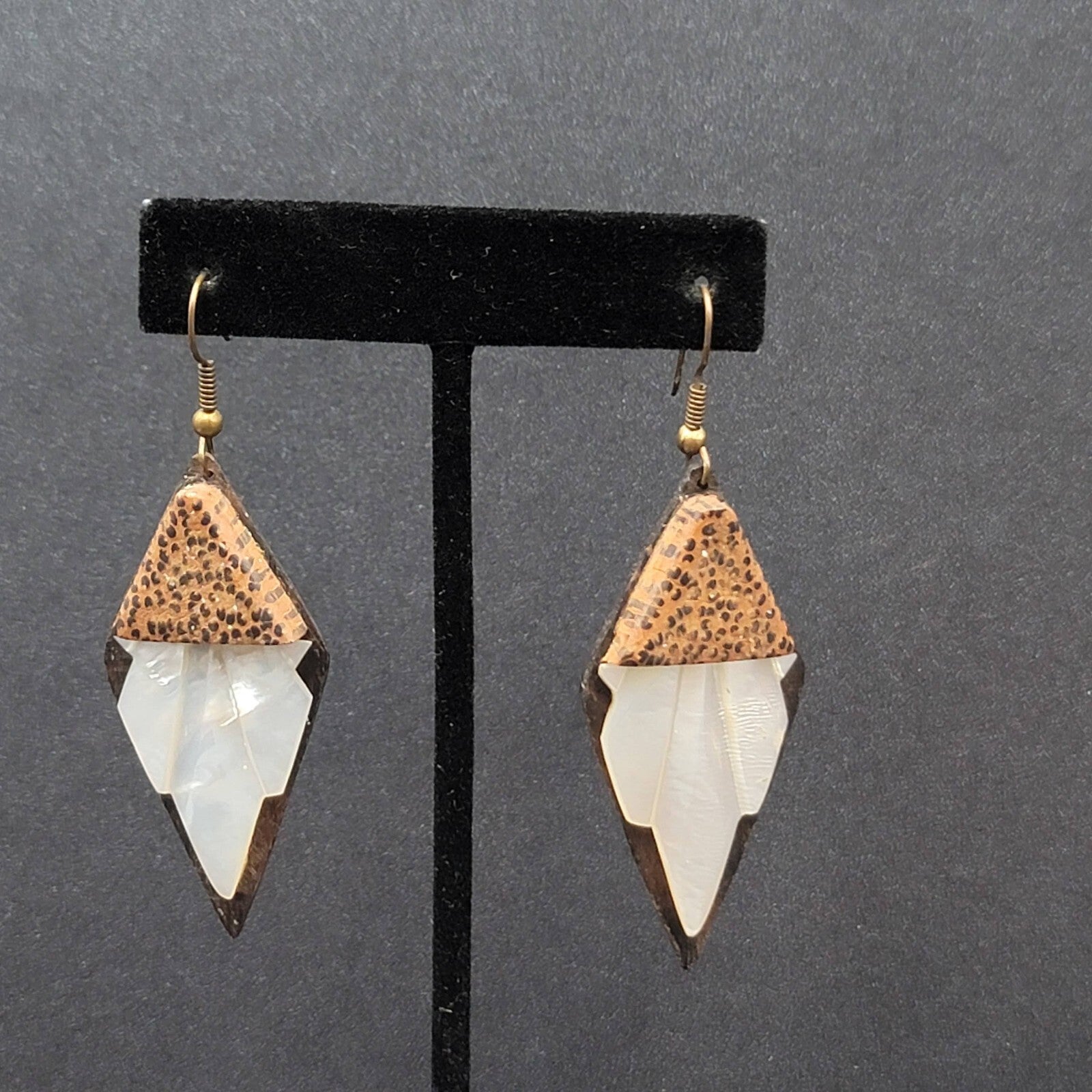 Vintage Pierced Earrings Wood Mother of Pearl Unique Hand Carved Dangle 2 1/8"