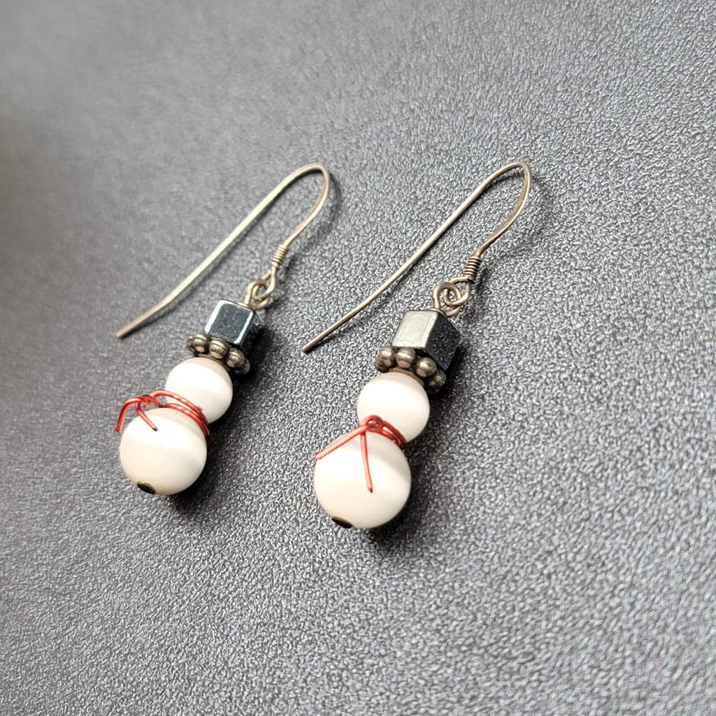 Snowman Pierced Earrings White Cats Eye Beads Hematite Hat Dangle 7/8"