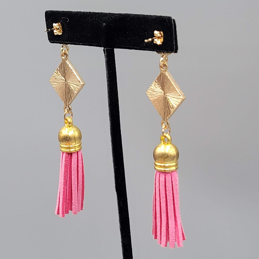 Pink Tassel Pierced Earrings Gold tone Dangle Long 3"