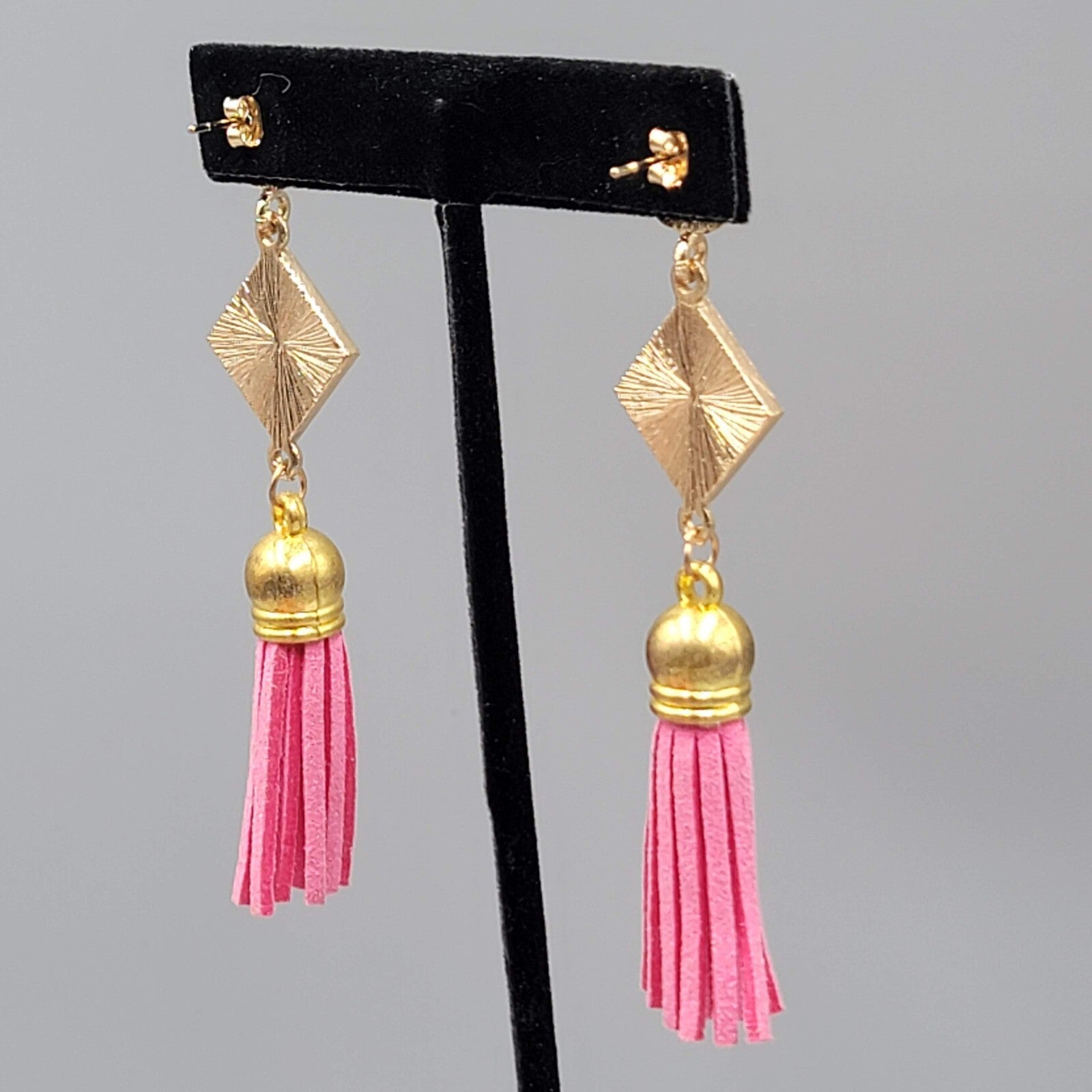 Pink Tassel Pierced Earrings Gold tone Dangle Long 3"
