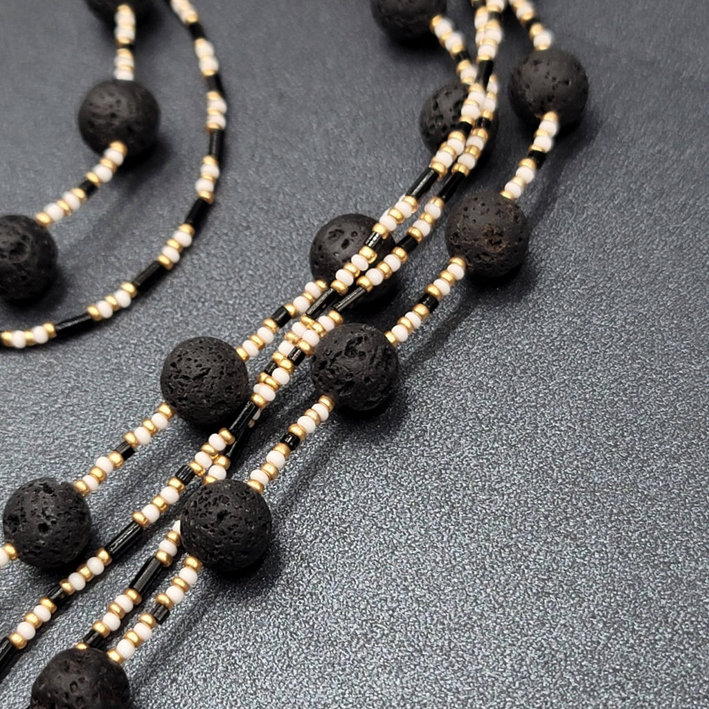 Beaded Necklace Bracelet Earrings Set Gold tone White Black Lava Bead Set
