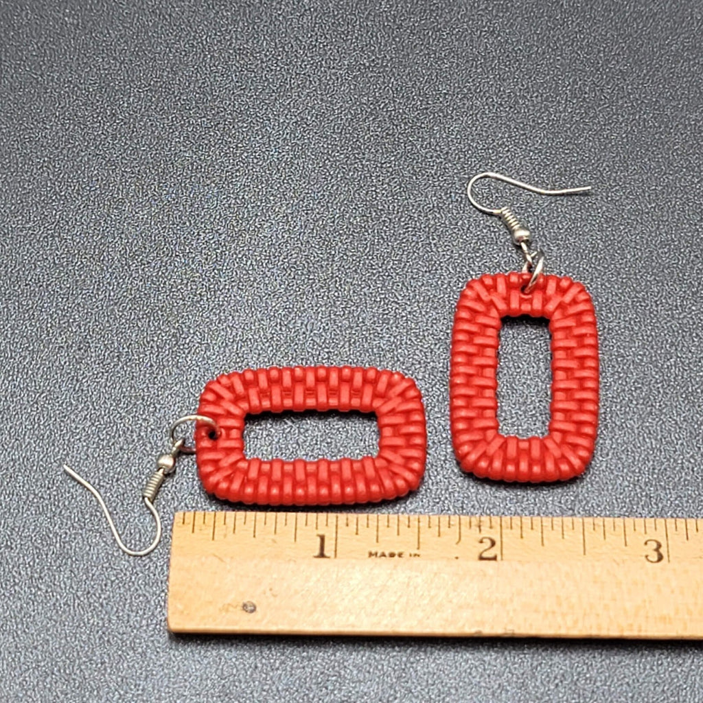 Pierced Earrings Red Acrylic Rectangle Weave Design Dangle 1.5"