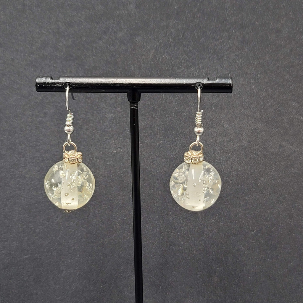 Pierced Earrings Silver tone Acrylic Clear Silver Glitter Bead 3/4"