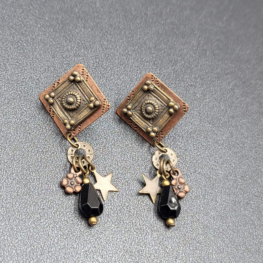 Pierced Earrings Copper and Silver tone Star Black Beads Layered Dangle 2"