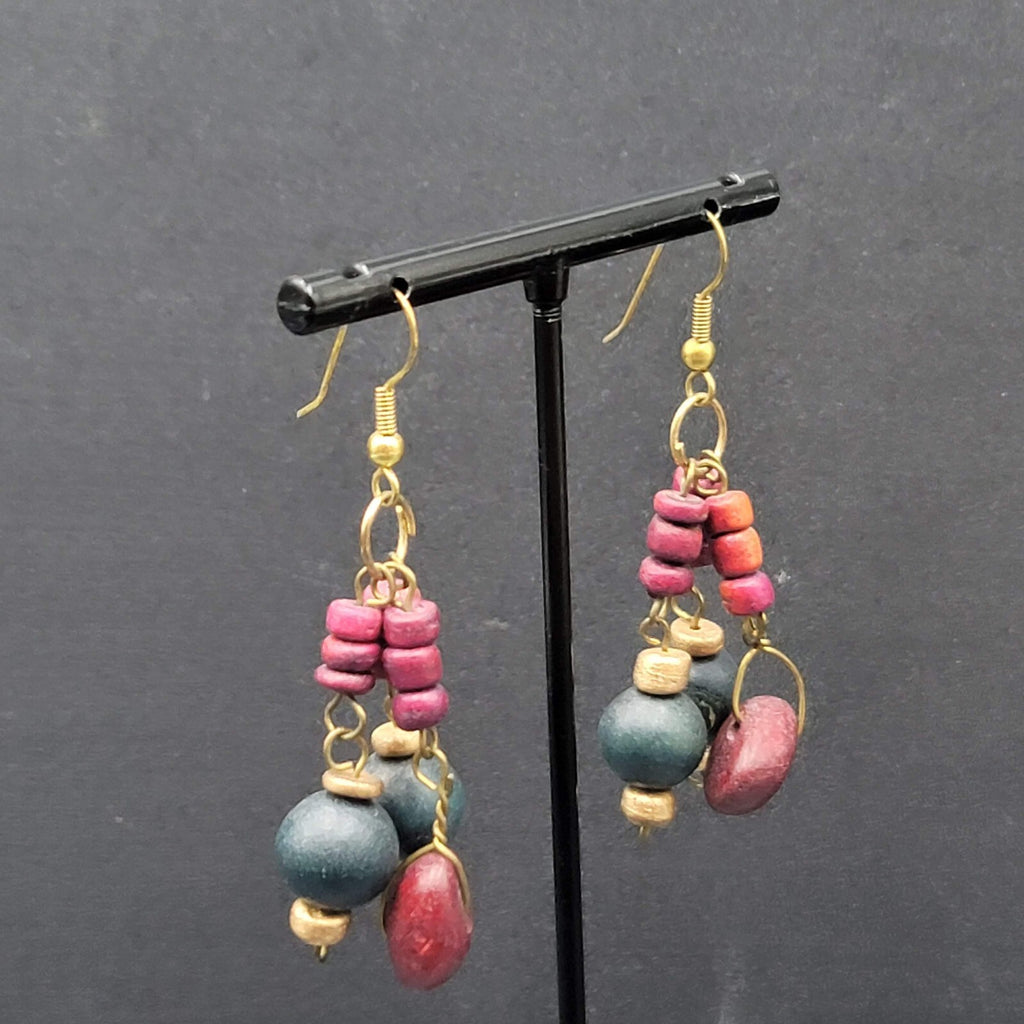 Vintage Pierced Earrings Purple Blue Wood Beads Dangle Boho 1.75"