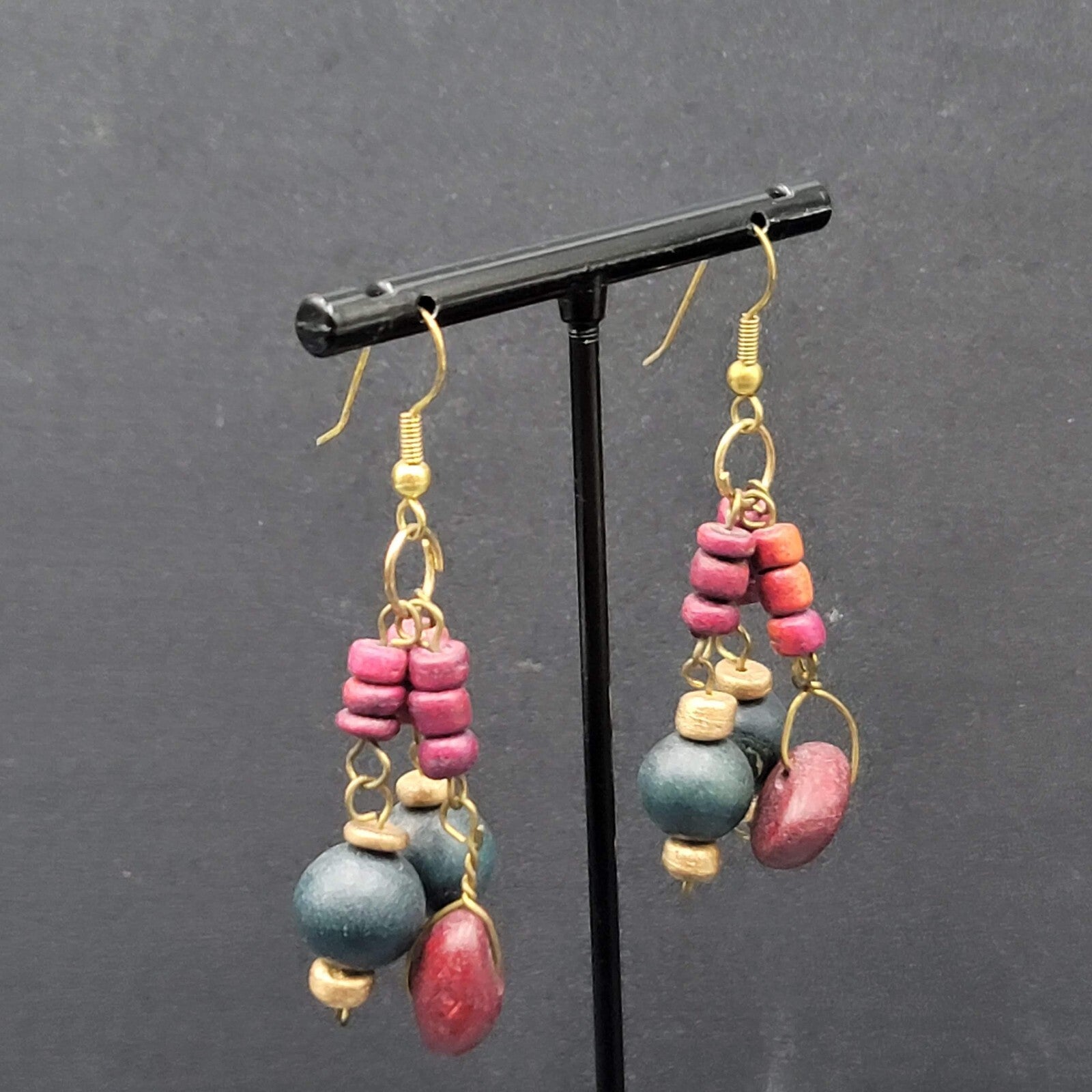 Vintage Pierced Earrings Purple Blue Wood Beads Dangle Boho 1.75"
