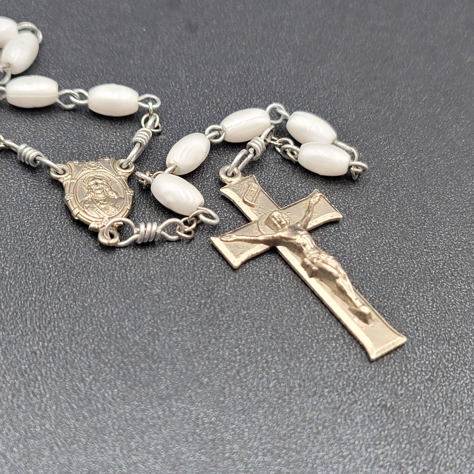 Vintage White Bead Catholic Rosary Crucifix Silver tone