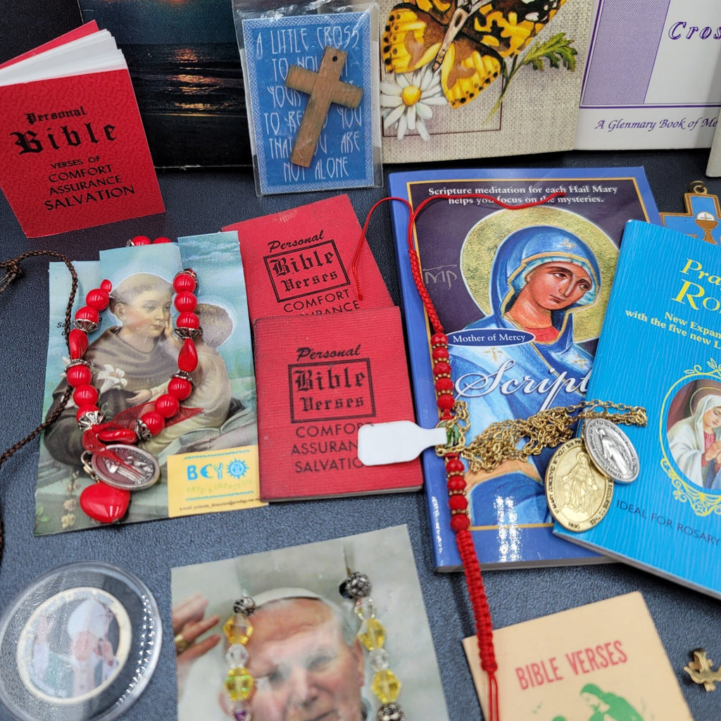 Vintage Religious Booklets Large Lot Rosaries Medals Bracelets etc