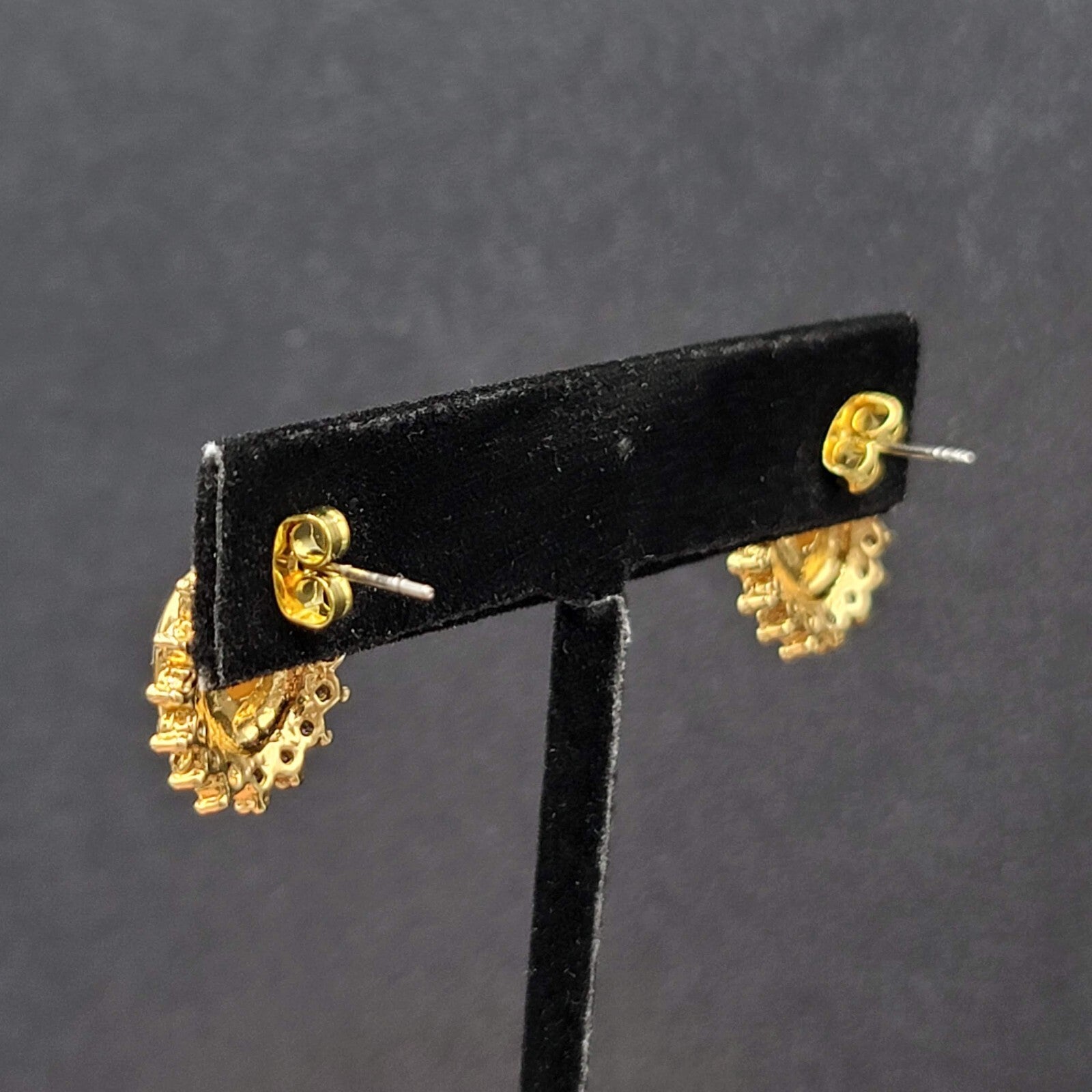 Pierced Earrings Gold Plated Crystal Oval Iridescent Cabochon Studs 5/8"