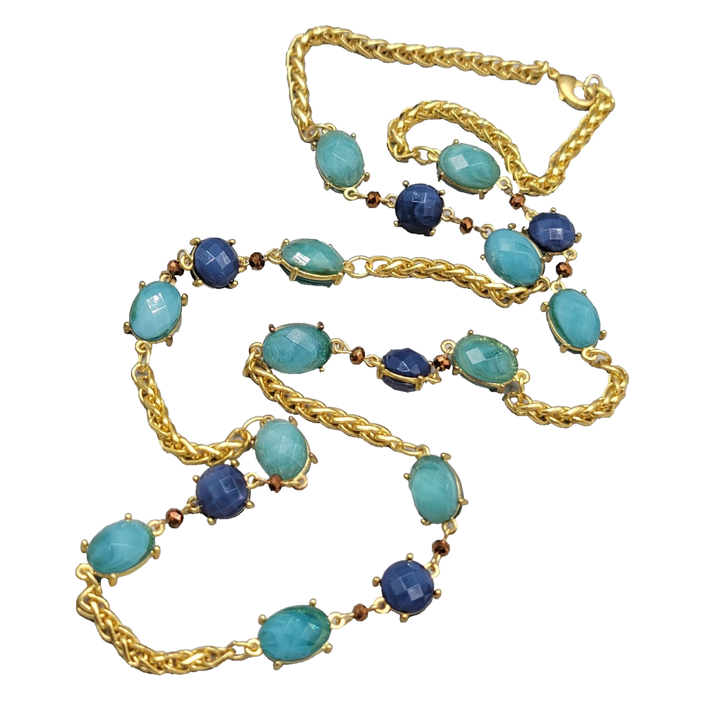 Necklace Bright Gold tone Blue Bead Long 36"