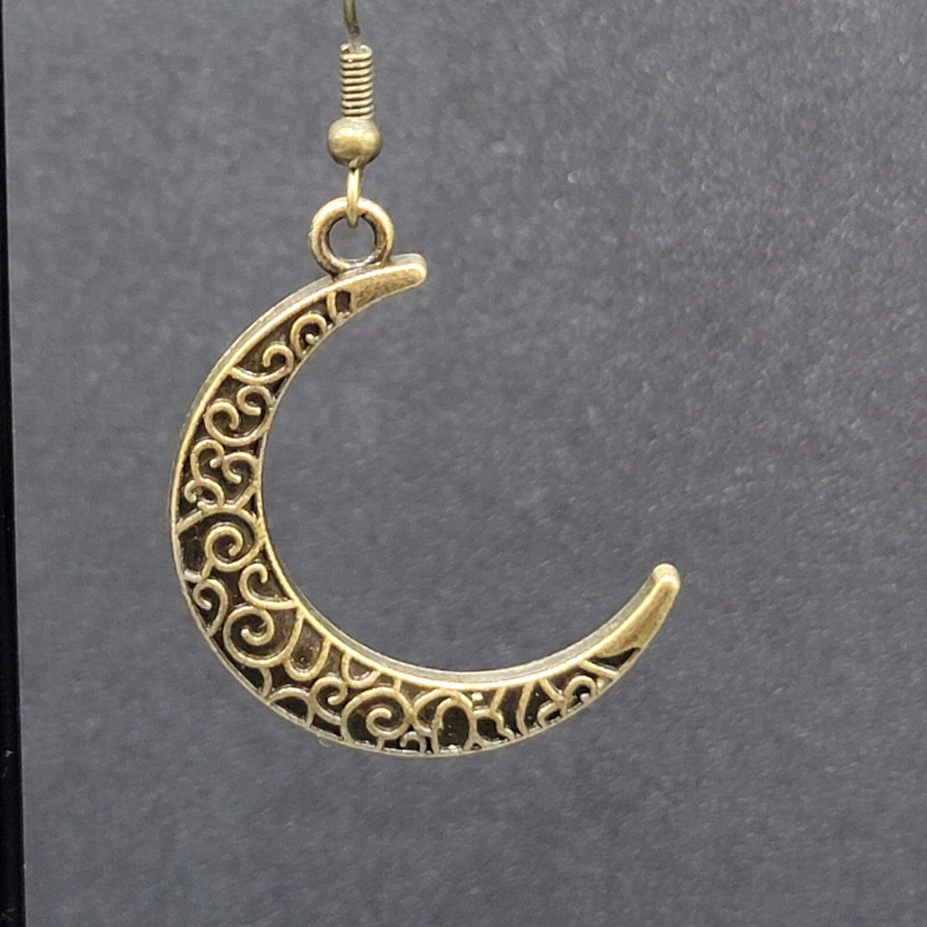 New Crescent Moon Pierced Earrings Embossed Pattern Bronze tone Dangle 1.25"