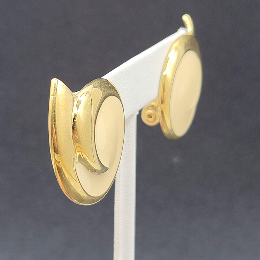 Vintage MONET Clip on Earrings Gold Plated White Enamel Drop 1 3/8"