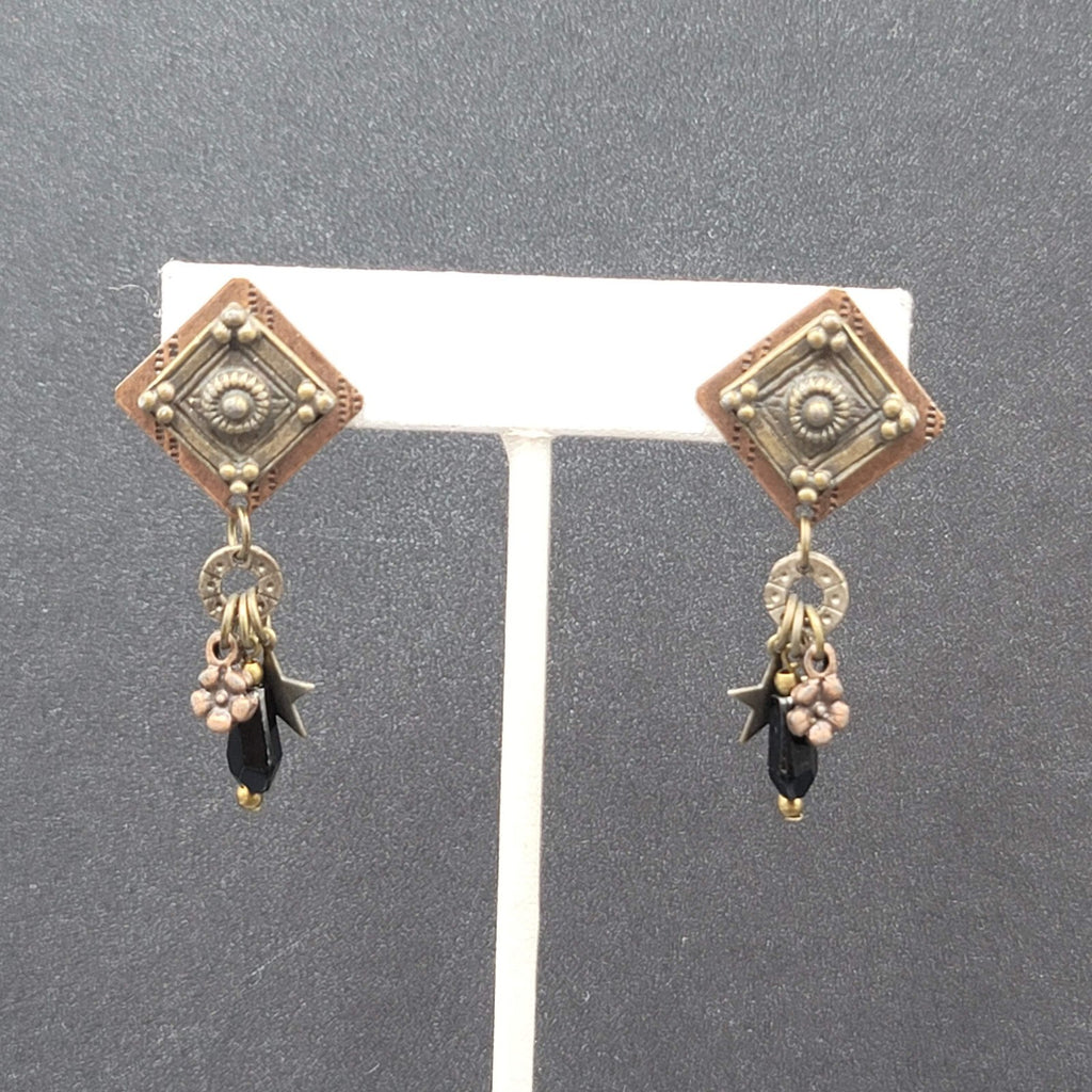 Pierced Earrings Copper and Silver tone Star Black Beads Layered Dangle 2"
