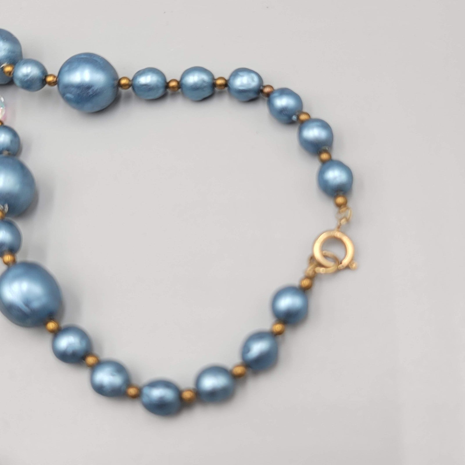 Vintage Faux Pearl Bead Necklace 24" Crystal Aurora Borealis Dangle Gold Tone