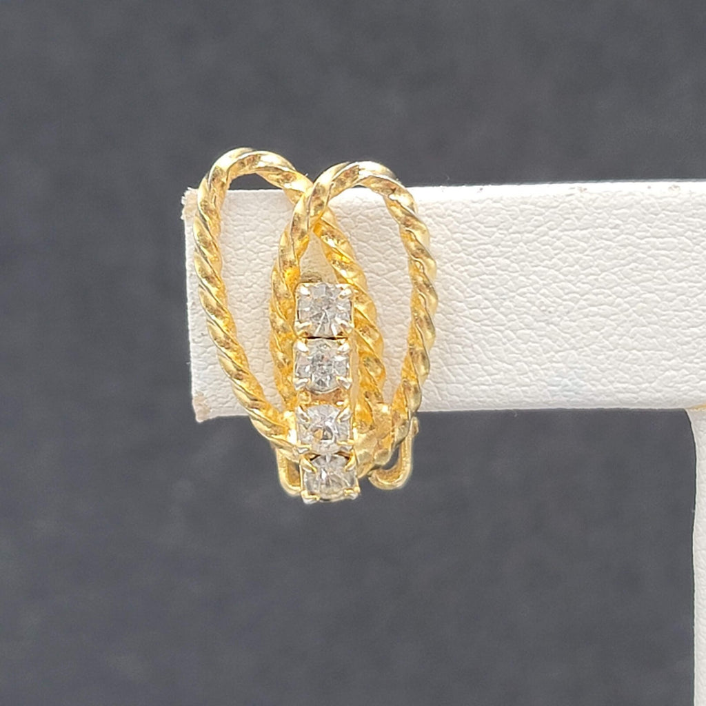 Vintage Clip on Earrings Textured Gold tone Rhinestone Drop 3/4"