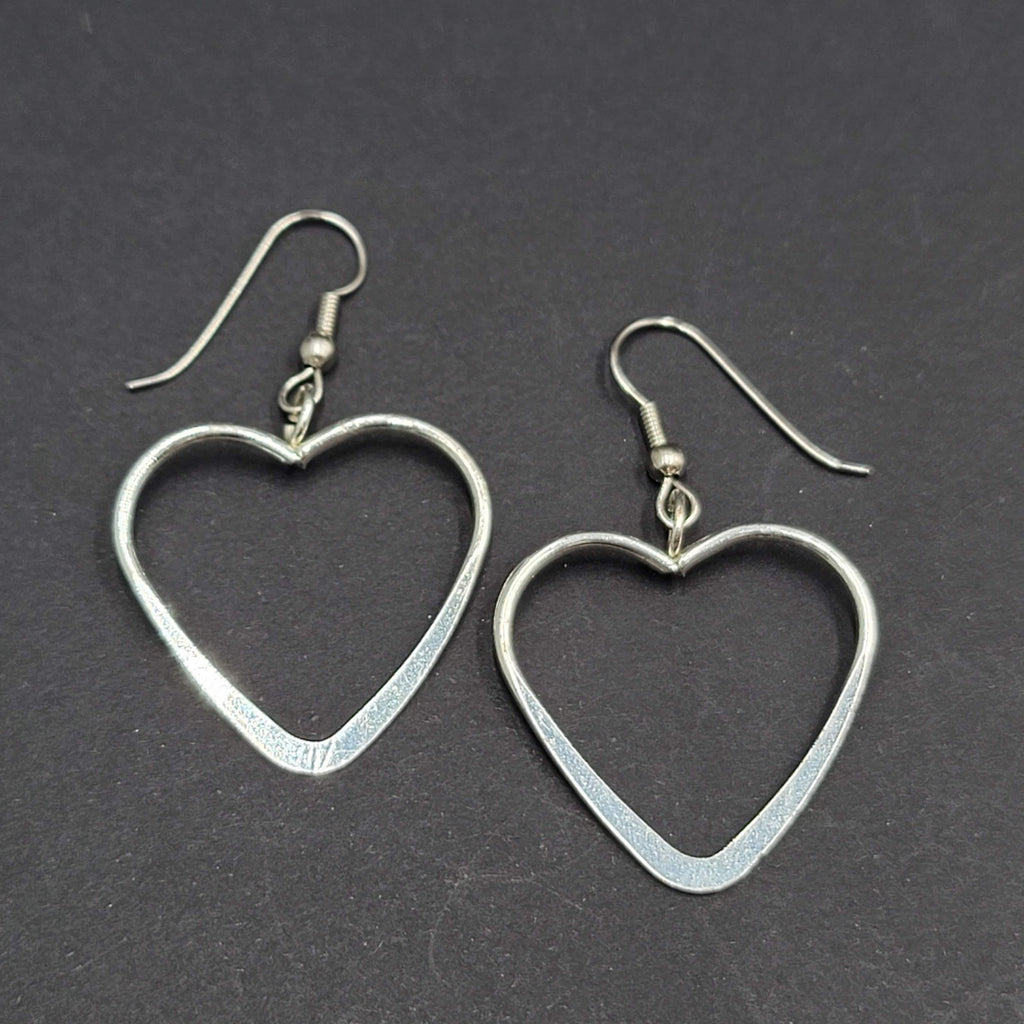 Open Heart Wire Pierced Earrings Silver tone Dangle 1.25"