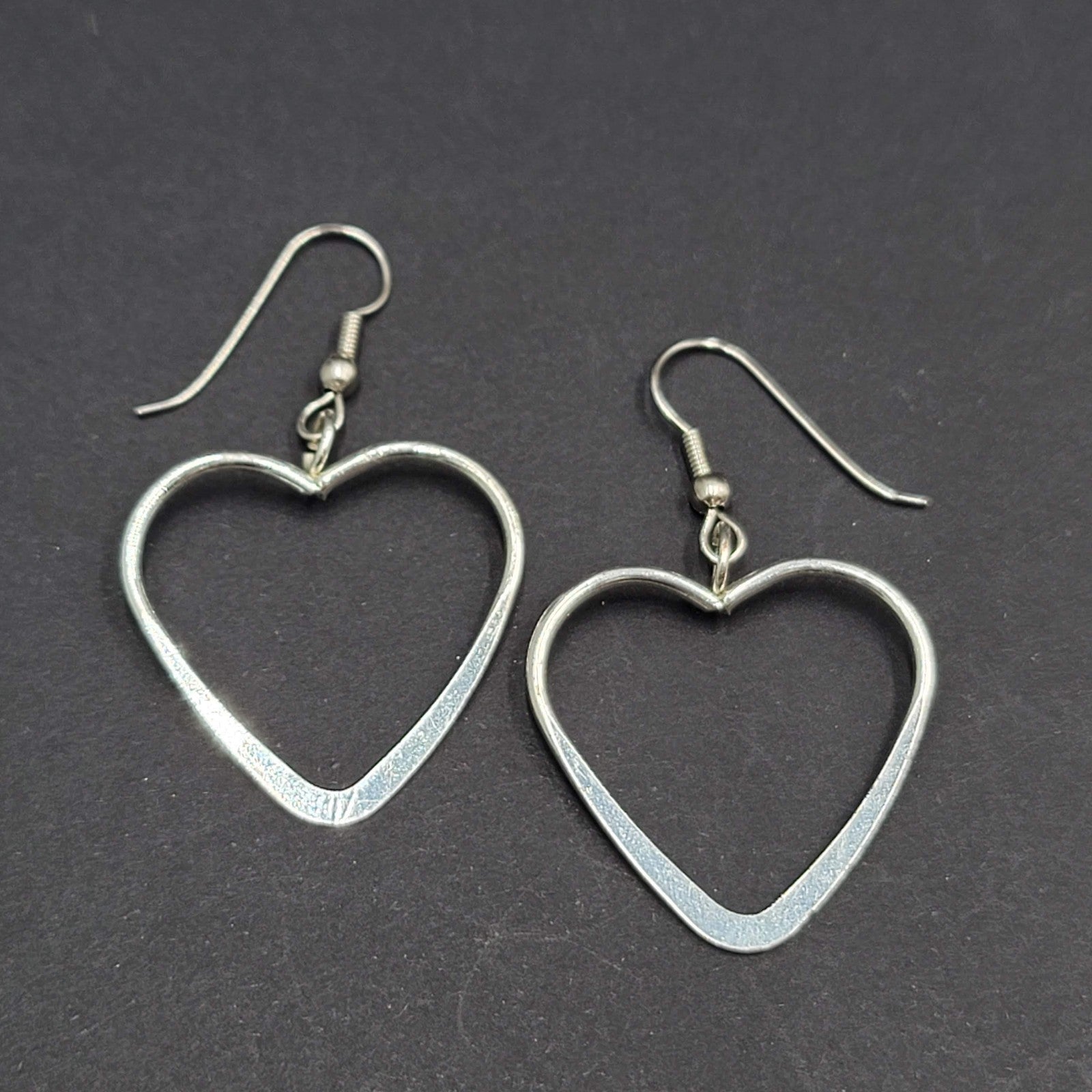 Open Heart Wire Pierced Earrings Silver tone Dangle 1.25"