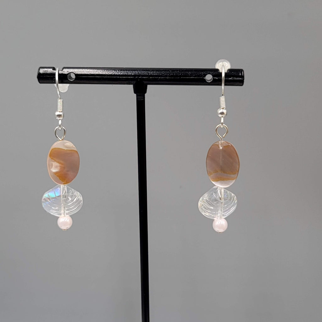 Shell Pierced Earrings Real Shell Glass Bead Dangle Silver tone 1.25"