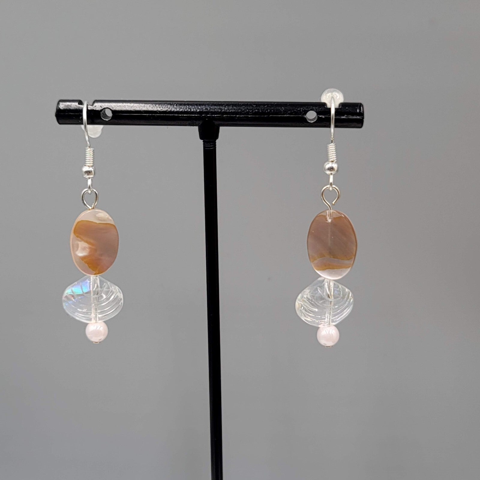 Shell Pierced Earrings Real Shell Glass Bead Dangle Silver tone 1.25"
