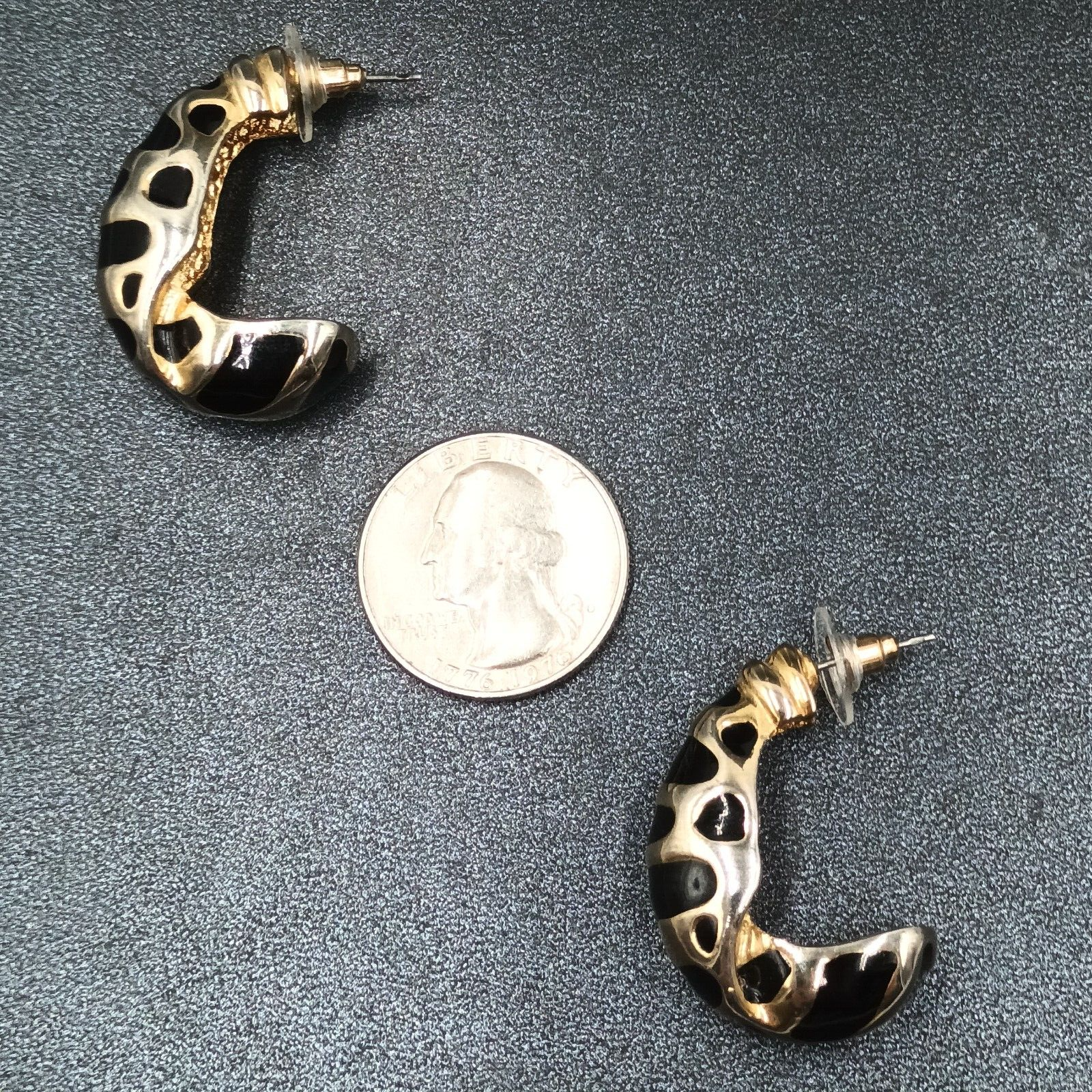 Pierced Earrings Gold tone Black Enamel Oblong Half Hoop Heavy Drop 1 1/4"