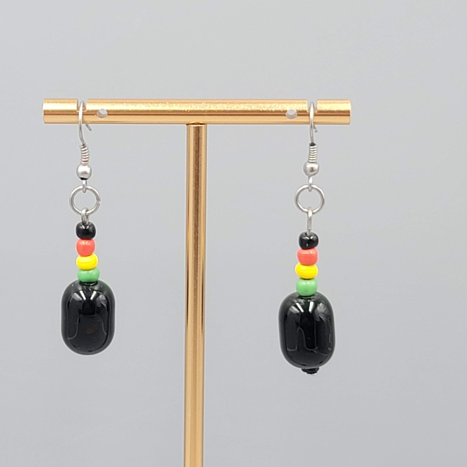 Rasta Beaded Pierced Earrings Silver tone Dangle 1.25"
