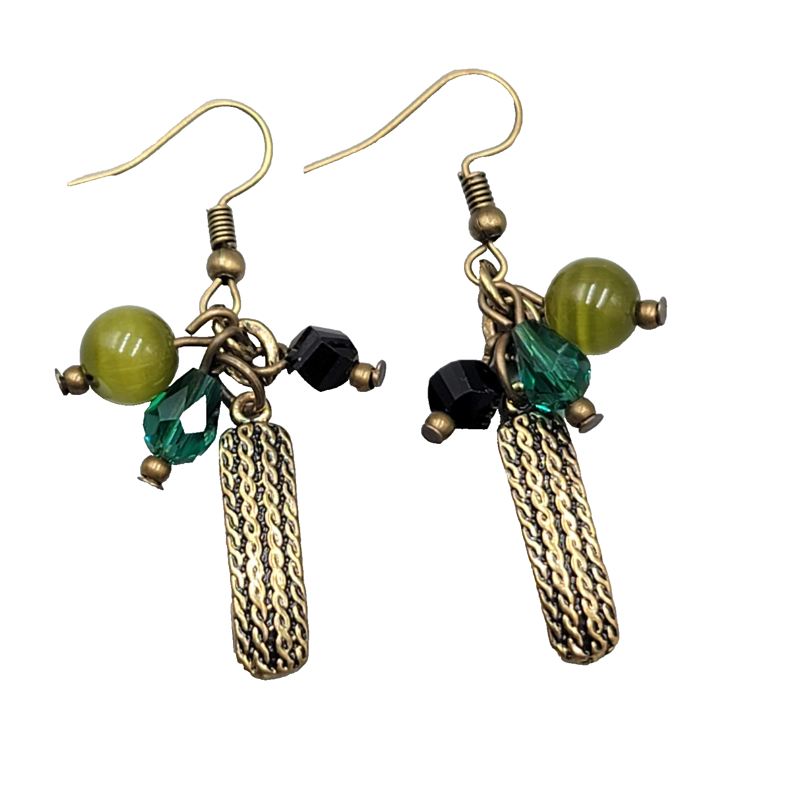 Green Black Glass Bead Pierced Earrings Bronze tone Dangle 1.25 in