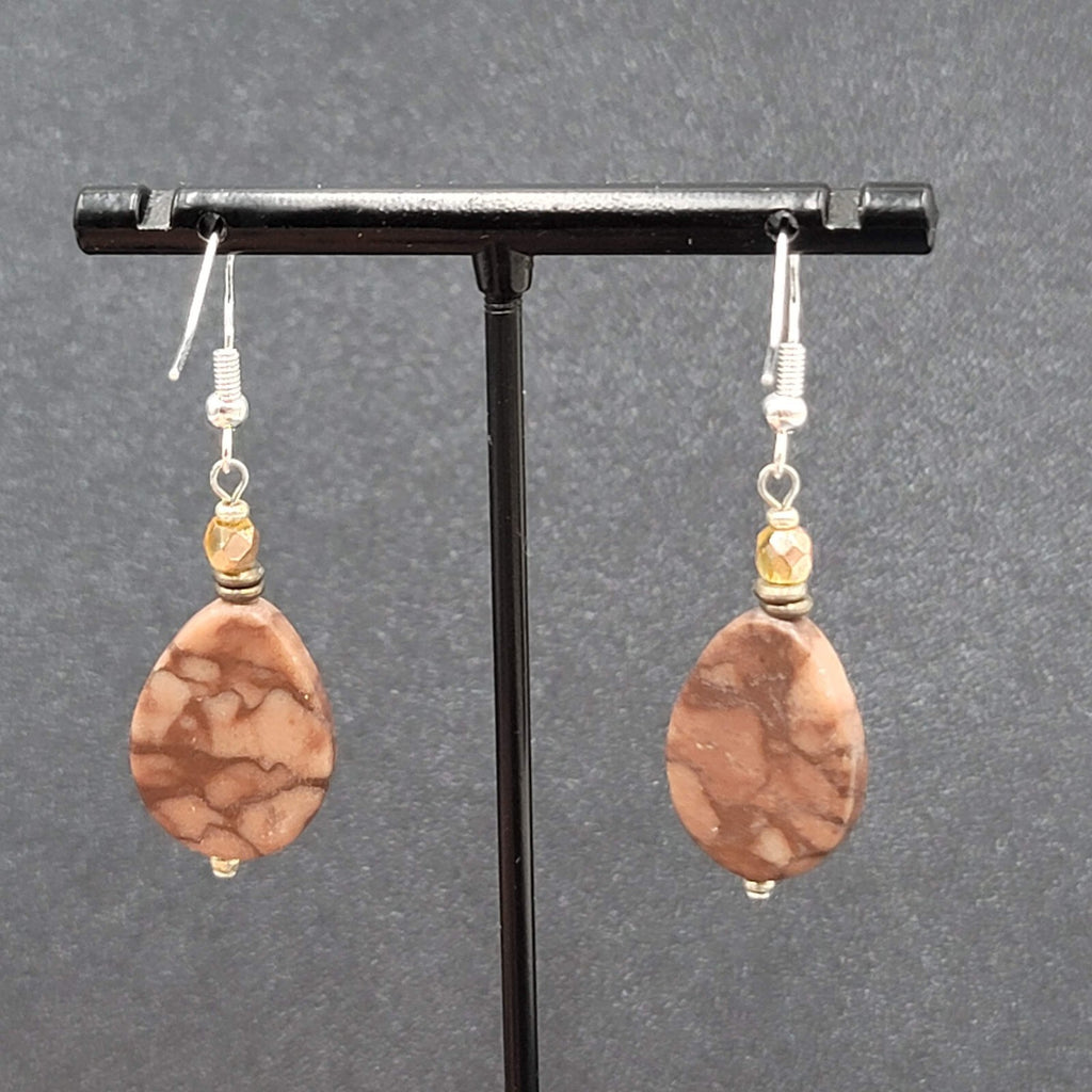 Pierced Earrings Sterling Silver Brown Stone Teardrop Bead Dangle 1.25"