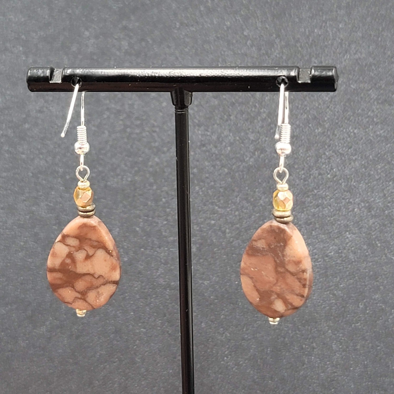 Pierced Earrings Sterling Silver Brown Stone Teardrop Bead Dangle 1.25"