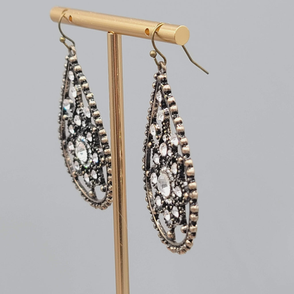 Teardrop Pierced Earrings Bronze tone Rhinestone Dangle 2"