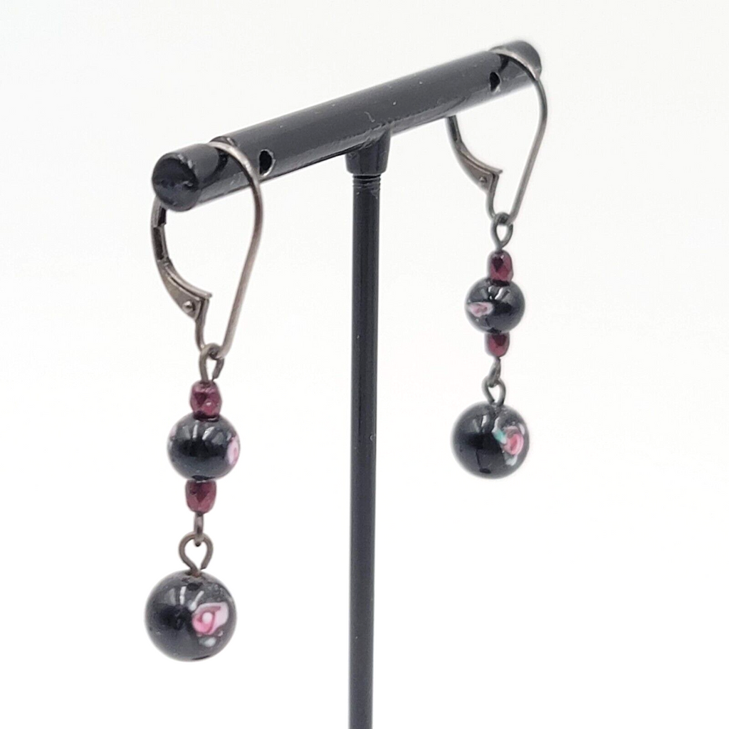 Pierced Earrings Black Metal Flower Glass Bead Dangle 1"