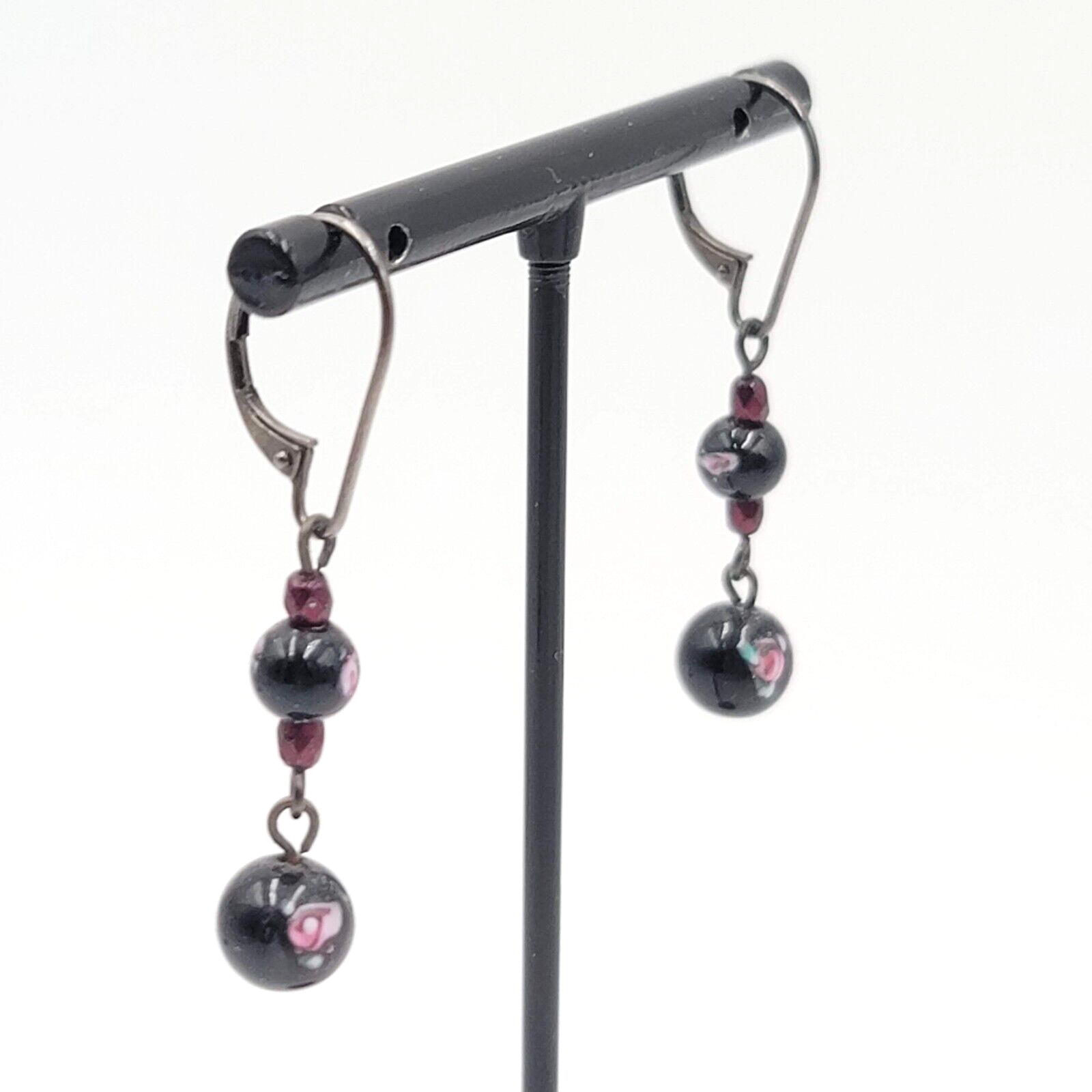 Pierced Earrings Black Metal Flower Glass Bead Dangle 1"