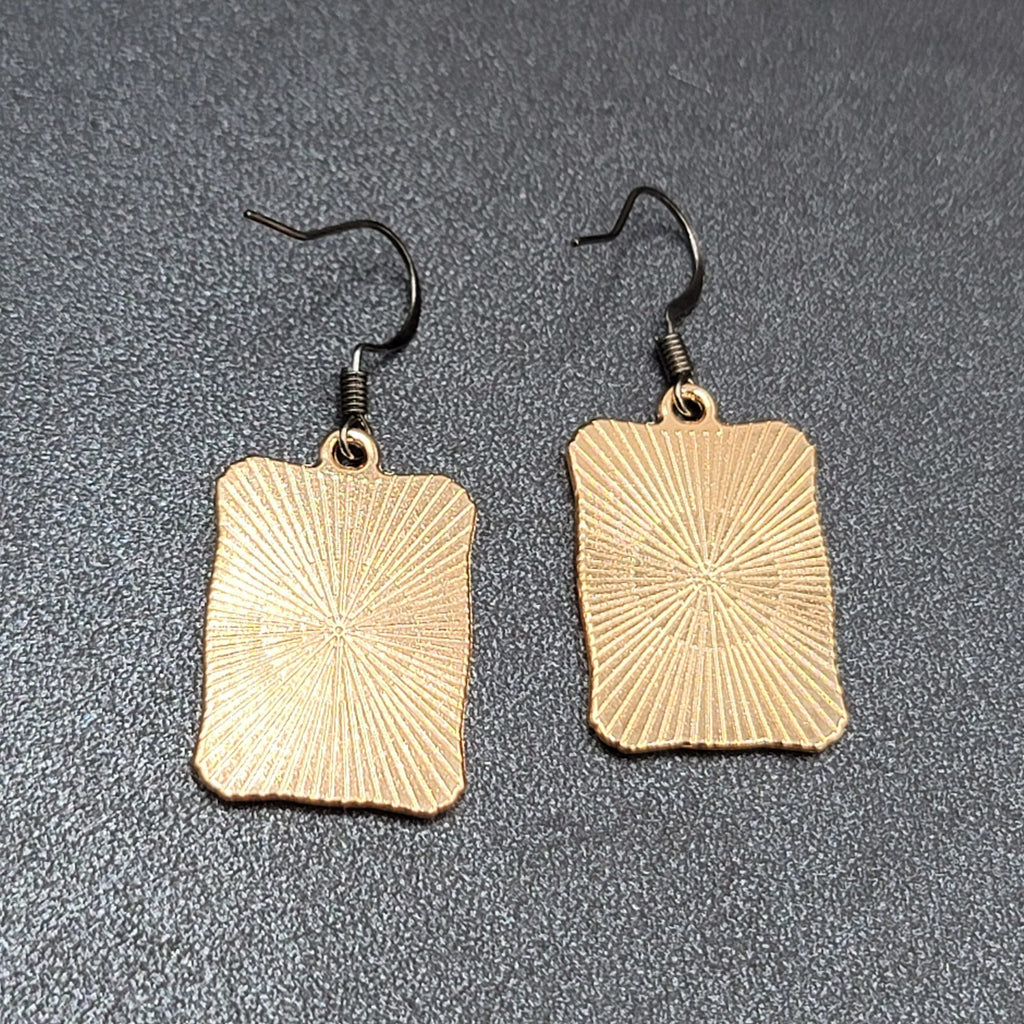 Tarot Card Pierced Earrings The Wheel of Fortune Gold tone Black 1"