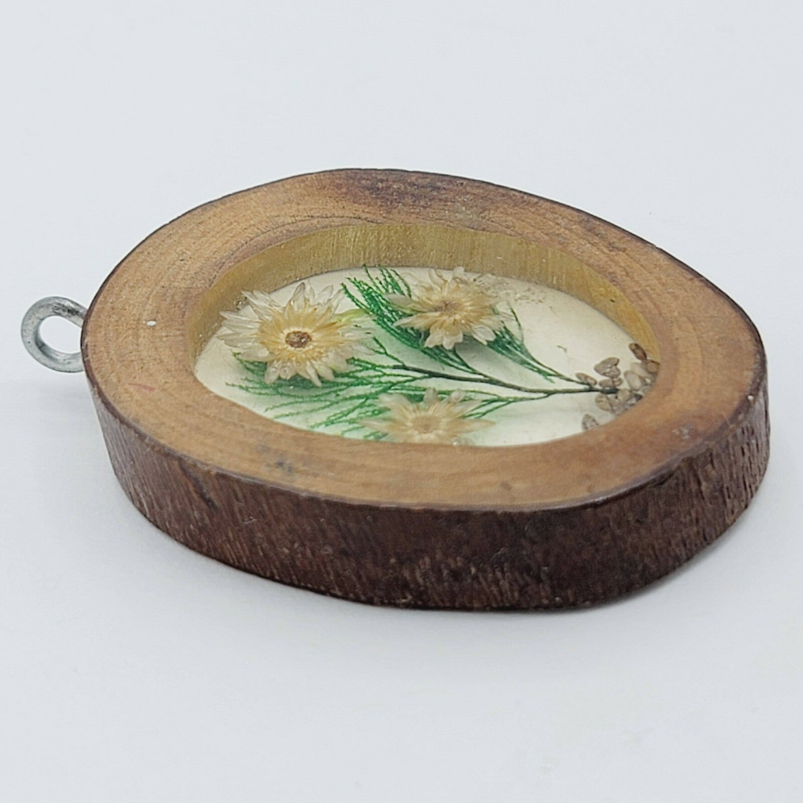 Vintage Oval Shaped Pendant Lucite Dried Flowers Wood Frame 