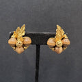 Vintage ART Clip on Earrings Gold Plated Wood Beads Leaf Design Climber 1.25"
